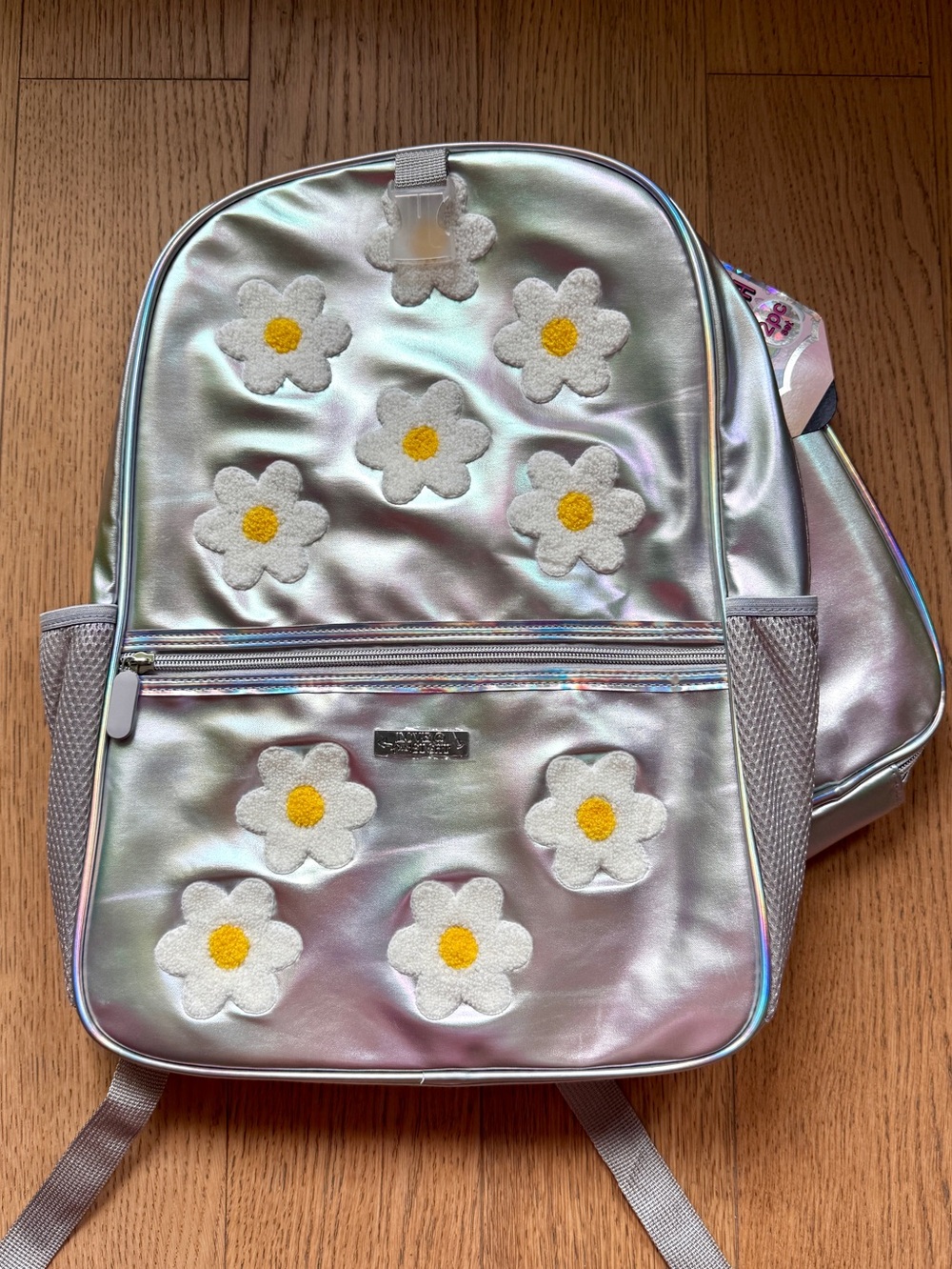 Iridescent Silver Girls Backpack with Daisy Appliqués